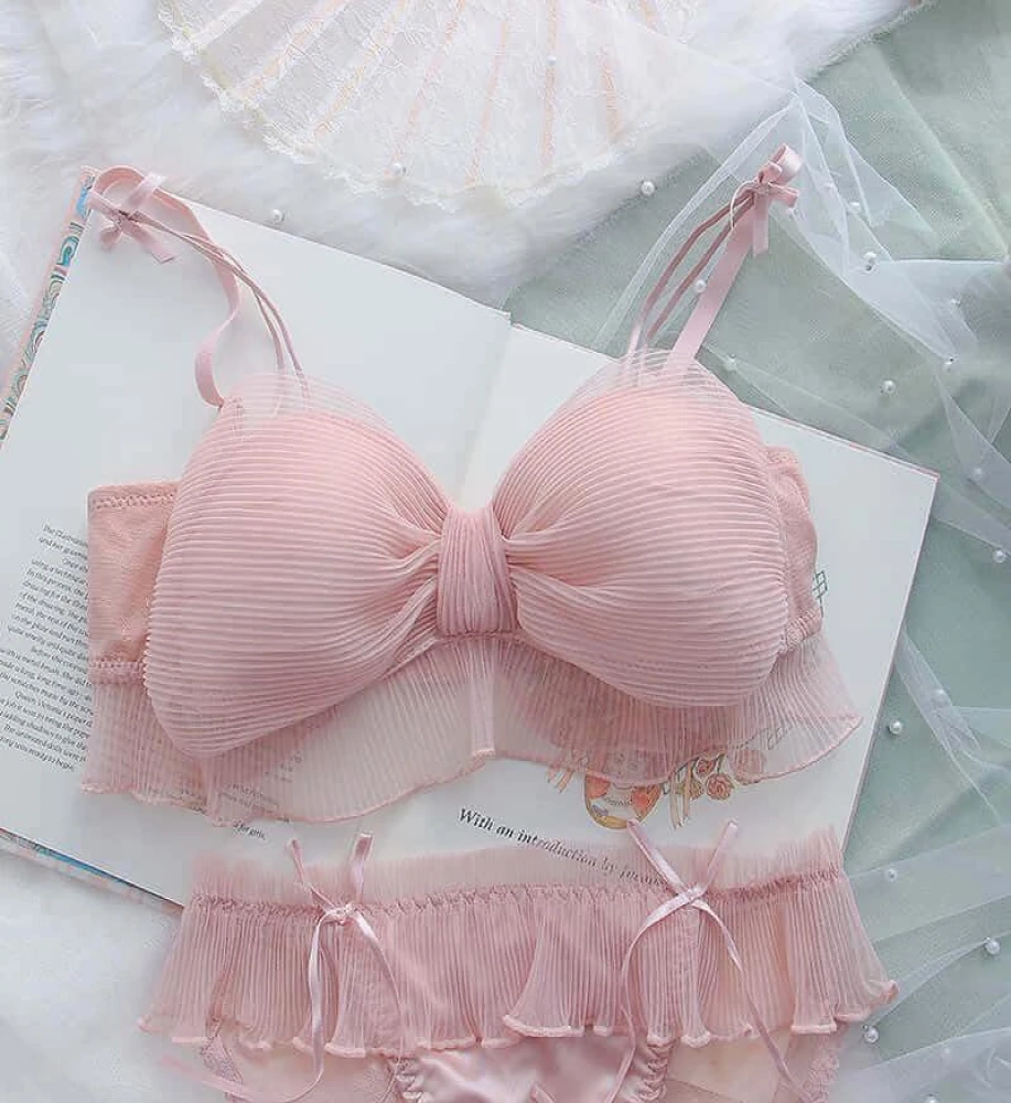 New Japanese Bras Lolita Girls Folds Bow Lovely Underwear Set Mesh Sweet Rimless Bra Comfortable Sweet Cute