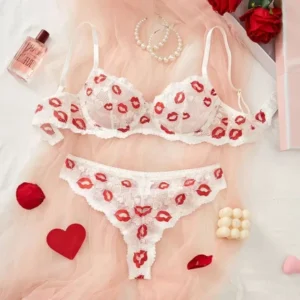 Lip Print Sexy Video Lingerie 2pcs Lace Bra and Panty Set Deep V Neck Women's Underwear Set Sensual Lingerie