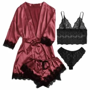 Women's Sexy Lace Pyjamas with Chest Pads Elastic Waist 4-Piece Breathable Summer Sleepwear Set