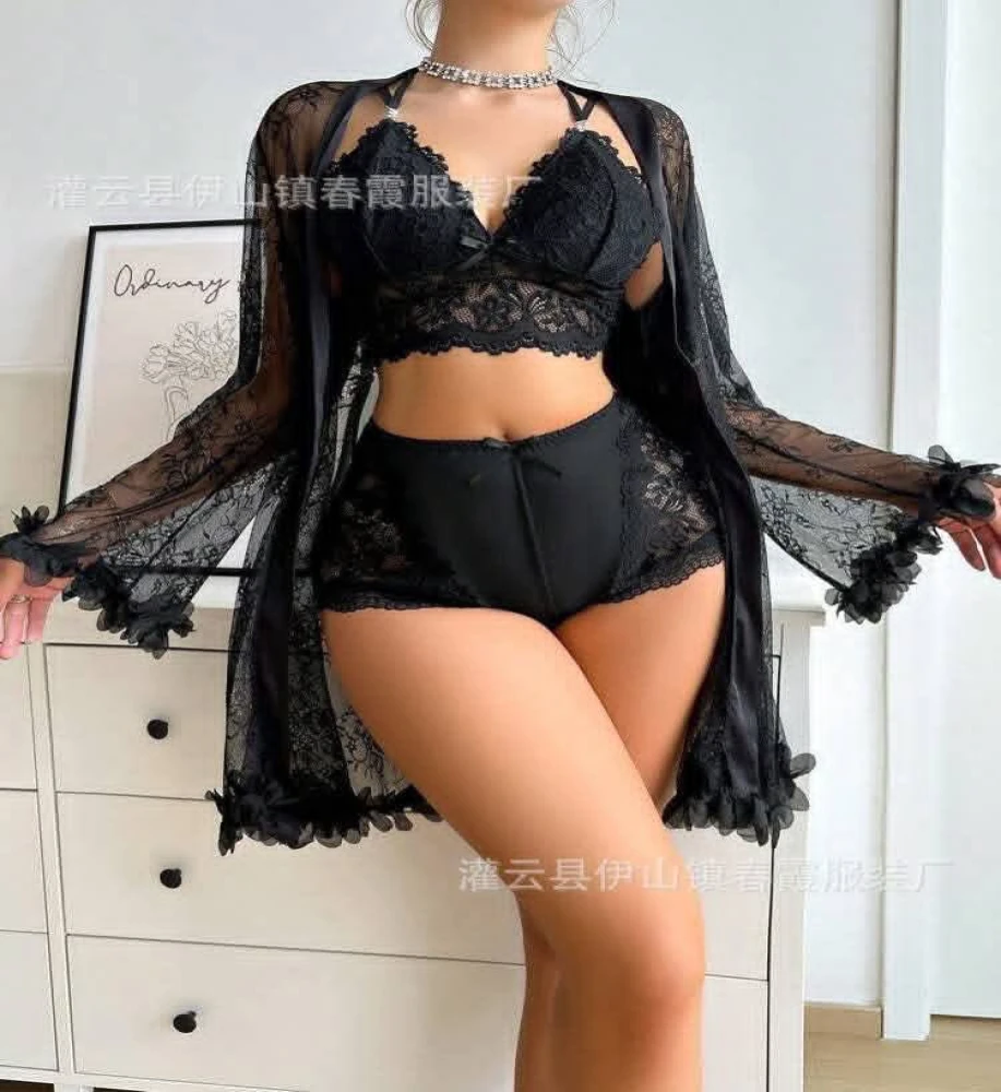 Soft Lace 3-Piece Sleepwear Set Triangle Bra, High Waist Panty
