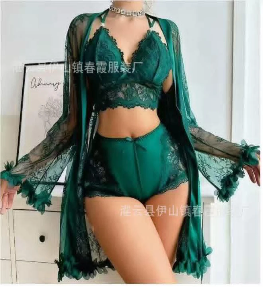 Soft Lace 3-Piece Sleepwear Set Triangle Bra, High Waist Panty