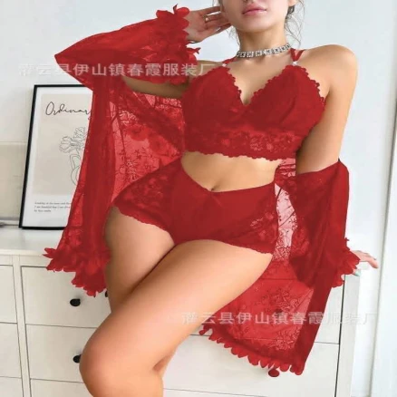 Soft Lace 3-Piece Sleepwear Set Triangle Bra, High Waist Panty