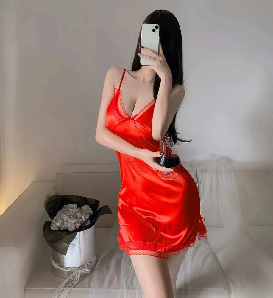 Women's Sexy Lace V-neck Nightgown Plus Size Lingerie with Brief Eco-Friendly Customized Thickness Nightwear