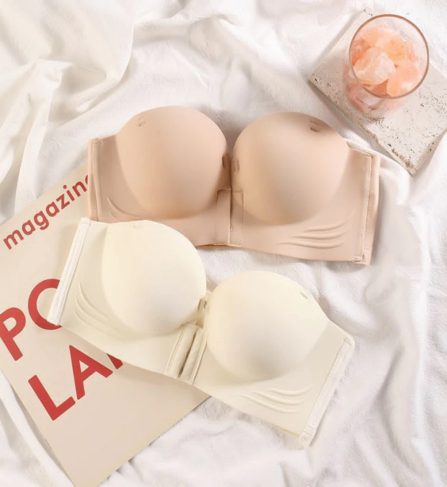 Women's Seamless Strapless Bra, Wire-Free Half Cup Bralette with Detachable Support Belt, Knitted Breathable Underwear