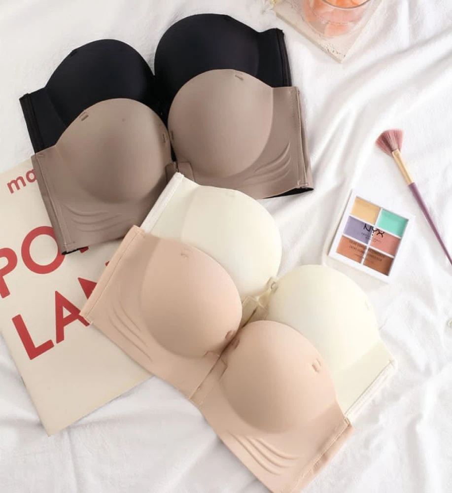 Women's Seamless Strapless Bra, Wire-Free Half Cup Bralette with Detachable Support Belt, Knitted Breathable Underwear