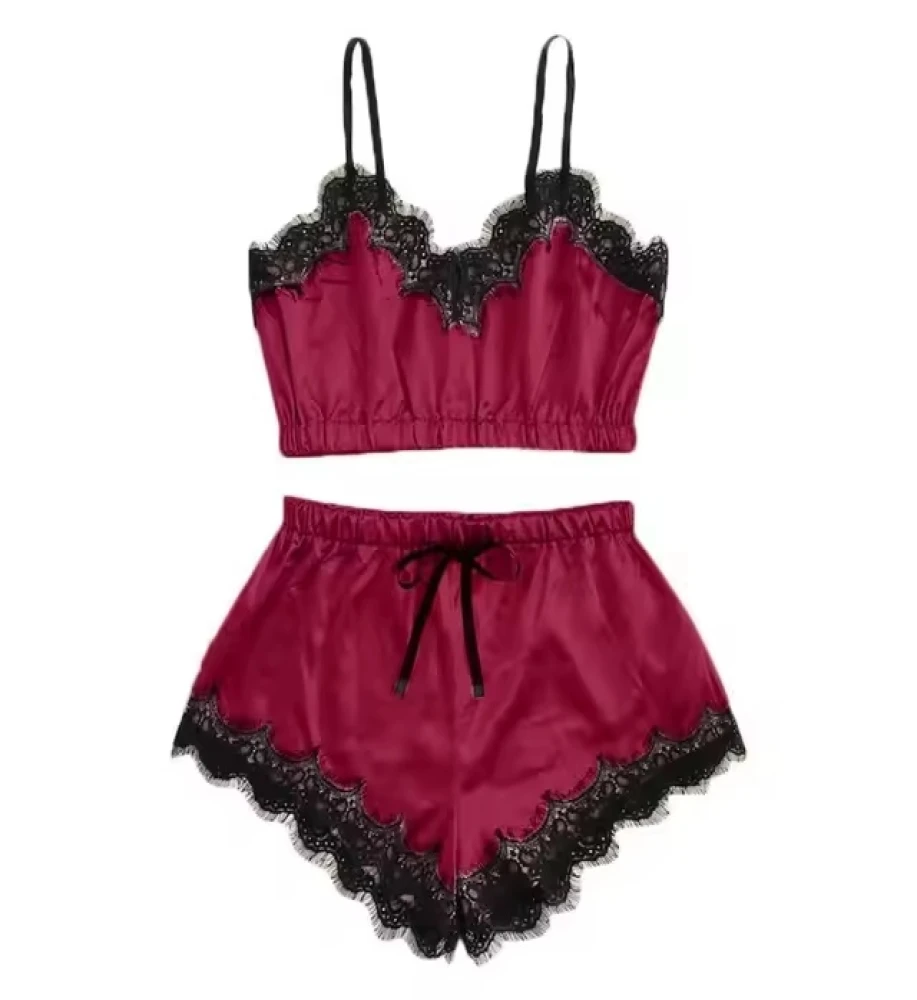 Fashion Girls Satin Printed Bracelet Panty Set Sexy Women Hearts Prints Satin Nightwear Bra Brief Lingerie