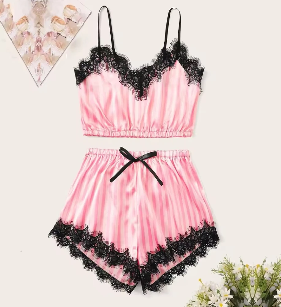 Fashion Girls Satin Printed Bracelet Panty Set Sexy Women Hearts Prints Satin Nightwear Bra Brief Lingerie