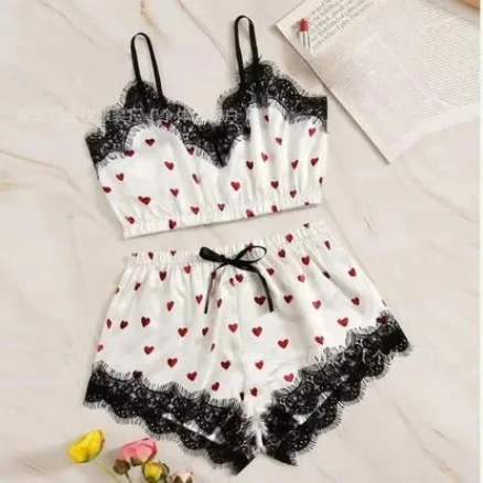 Fashion Girls Satin Printed Bracelet Panty Set Sexy Women Hearts Prints Satin Nightwear Bra Brief Lingerie