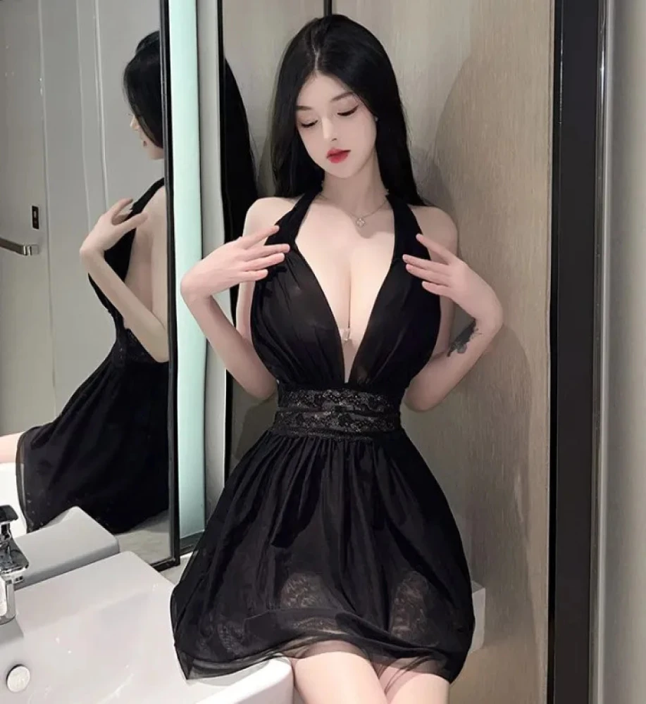 Large Size Sexy Femme Passion Backless Halter Sleep Skirt Underwear Dress Transparent Lingerie With Thong