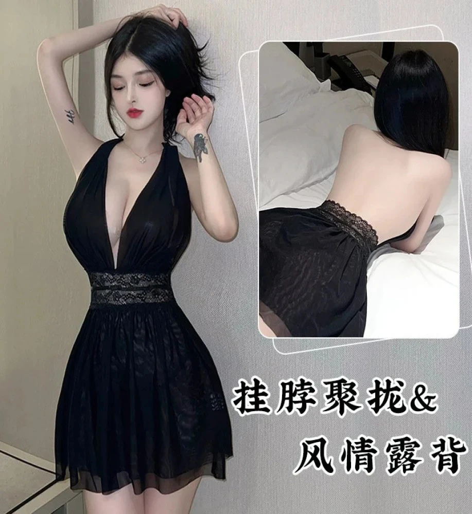 Large Size Sexy Femme Passion Backless Halter Sleep Skirt Underwear Dress Transparent Lingerie With Thong