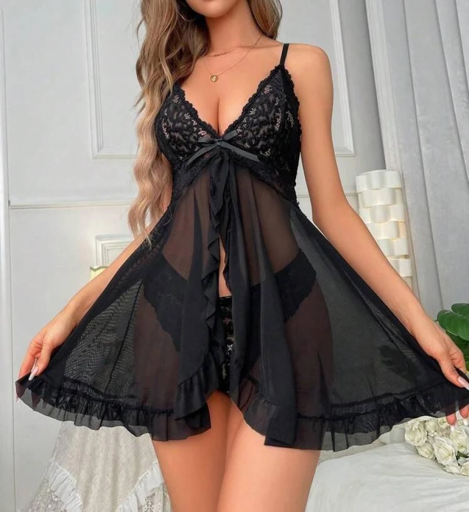 Hot Sale Women's Lace See Through Sleepwear Nightdress Panties Set V Neck Sexy Sleeveless Underwear Solid Color