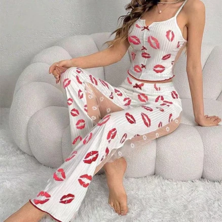 Pajamas Printed Color Contrast Patchwork Mesh Placket