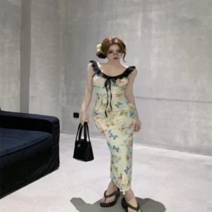 Elegant Butterfly Print Lace Splice Women Sexy Evening Dress Curvy Waist Long Sling Sleeve