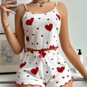 Hot Summer Sale Women's Sexy White Knitted Pyjamas Set Heart Print Cami & Shorts Ladies' Night Suit 2pcs