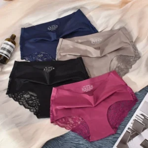 Women's Mid-Rise Solid Lace Ice Silk Panties Cotton Sexy Seamless Breathable Underwear Women's Pantie